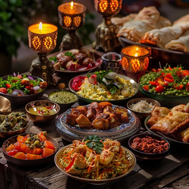 ein Tisch voller Essen, darunter ein Kerzenbrot und Gemüse