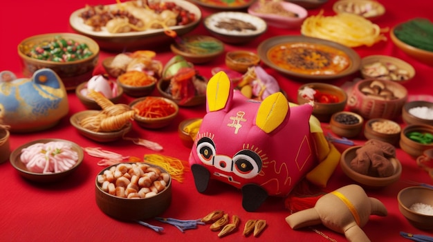 Ein Tisch voller Essen, darunter ein rotes Schwein mit der Jahreszahl des Schweins darauf.