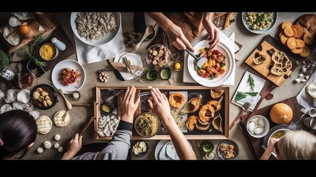 Foto ein tisch voller essen, darunter ein teller mit essen und eine schüssel mit essen.