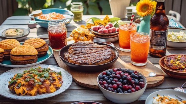 Ein Tisch voller Essen, darunter Pfannkuchen, Pfannkuchen und Obst.