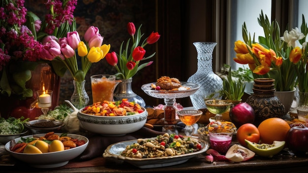ein Tisch voller Essen, darunter Tulpen, Tulpen und Tulpen.