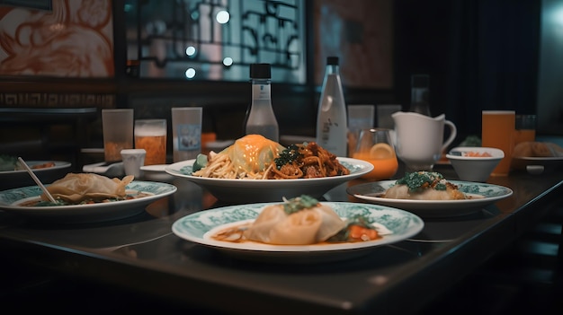 Ein Tisch voller Essen, einschließlich eines Tellers mit Essen