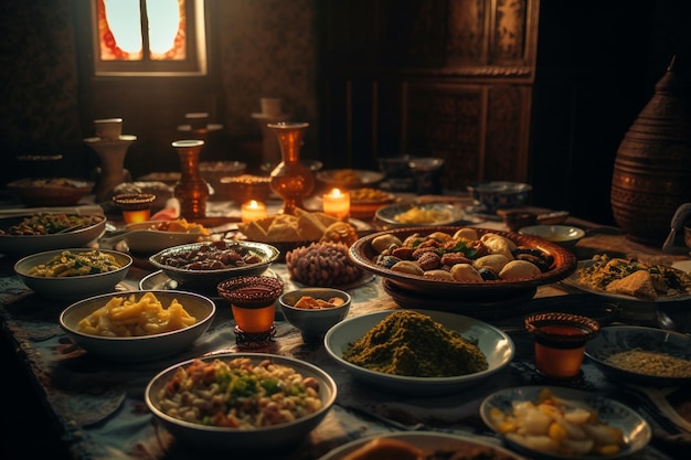 Ein Tisch voller Essen, inklusive einer Kerze.