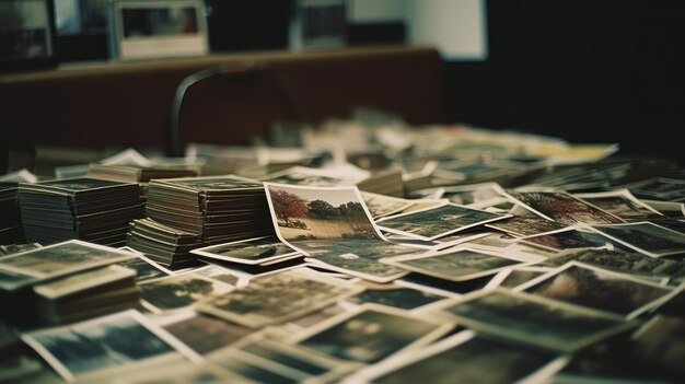 Foto ein tisch voller fotografiensammlungen, druckarbeiten, dokumentationsabteilung