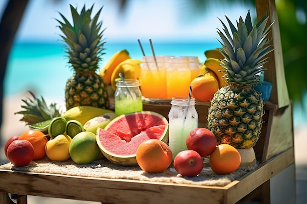 Foto ein tisch voller früchte, darunter ananas, ananas und eine wassermelone