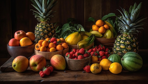 Ein Tisch voller Früchte, darunter eine Vielzahl von Früchten.