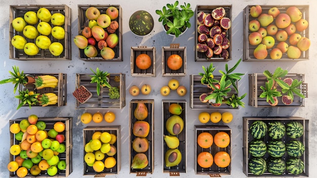 Foto ein tisch voller früchte, darunter granatapfel, melonen und melonen