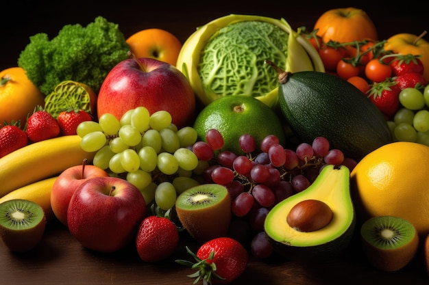 Ein Tisch voller Früchte, darunter Weintrauben, Avocados, Weintrauben und andere Früchte.