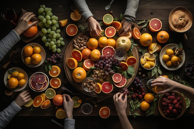 Ein Tisch voller Früchte mit dem Wort Obst darauf