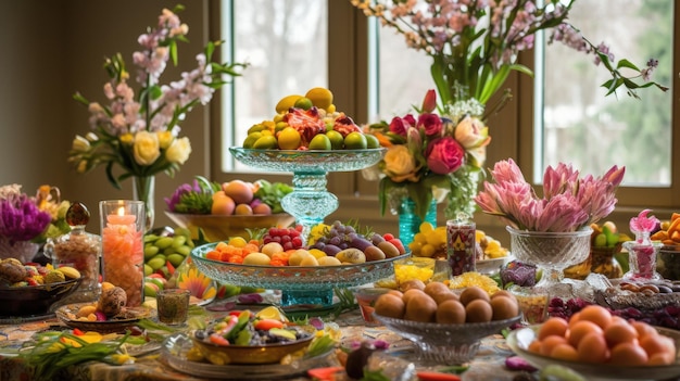 ein Tisch voller Früchte und Blumen mit einer Blumenvase.