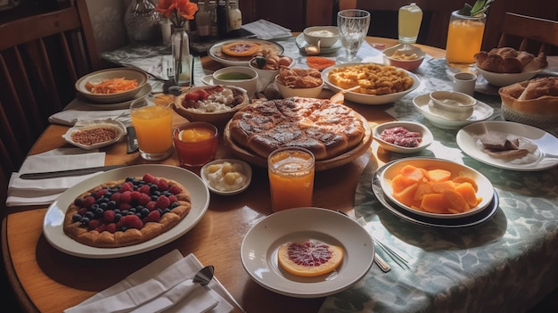 Ein Tisch voller Frühstück, einschließlich Obst und Gebäck.