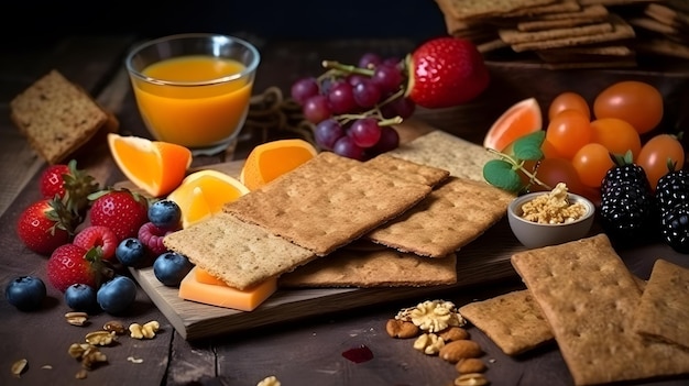 Ein Tisch voller Käsecracker, Obst und Nüsse