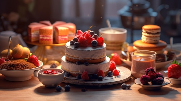 Ein Tisch voller Kuchen und Desserts mit einer Torte darauf