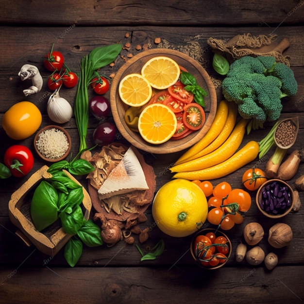 Ein Tisch voller Lebensmittel, darunter Brokkoli, Brokkoli, Tomaten und andere Lebensmittel, darunter Brokkoli.