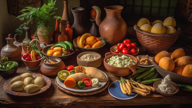 Ein Tisch voller Lebensmittel, darunter eine Vielzahl von Lebensmitteln, darunter eine Vielzahl von Lebensmitteln.