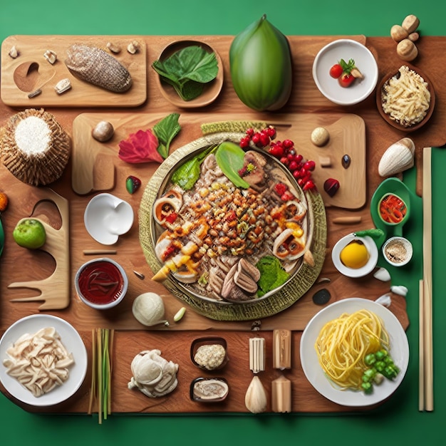 Ein Tisch voller Lebensmittel, darunter Nudeln, Gemüse und andere Lebensmittel, darunter eine Schüssel Nudeln.