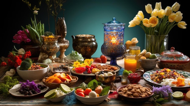 ein Tisch voller Lebensmittel, darunter Obst, Blumen und Obst