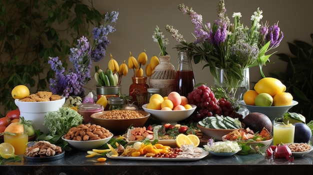 ein Tisch voller Lebensmittel, darunter Obst, Gemüse und Blumen.