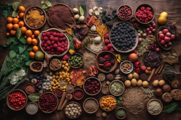 Ein Tisch voller Lebensmittel, darunter Obst und Gewürze.