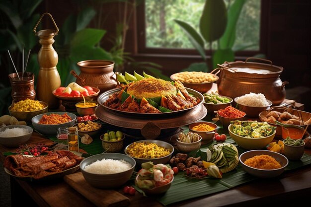 ein Tisch voller Lebensmittel, darunter Reis, Gemüse und Reis.
