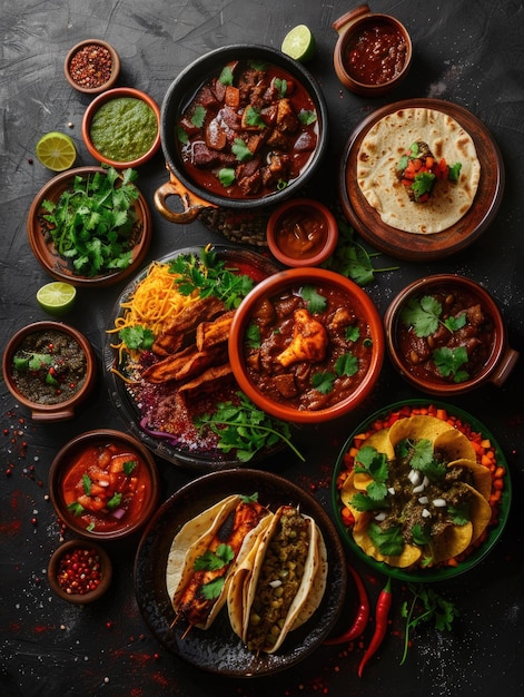 Ein Tisch voller mexikanischer Speisen, darunter Tacos, Bohnen und Reis