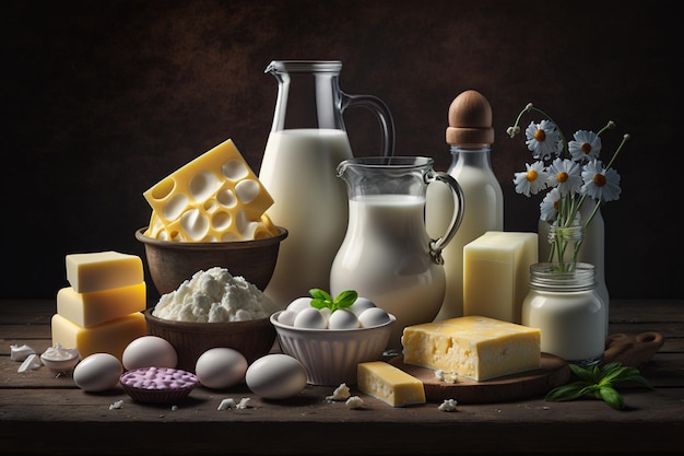 Ein Tisch voller Milchprodukte, darunter Milch, Eier und Käse.