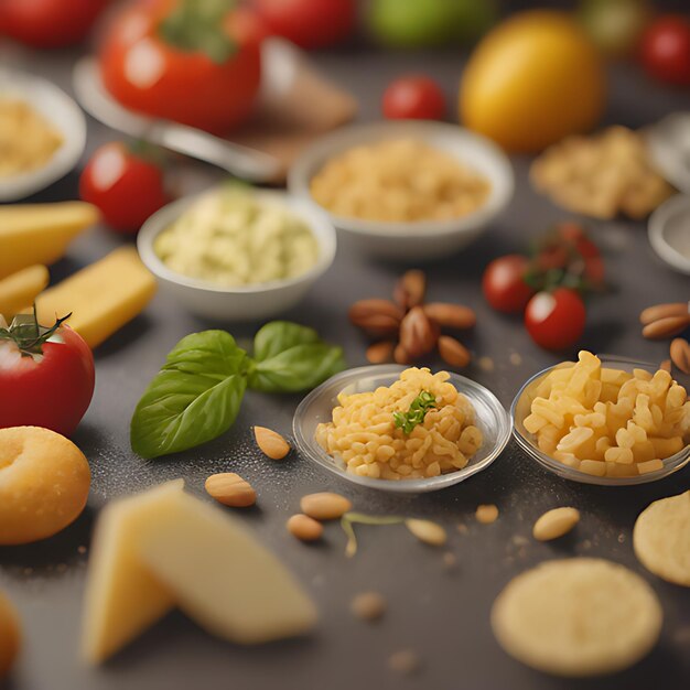 ein Tisch voller Nahrungsmittel, darunter Tomaten, Oliven, Käse und Tomaten