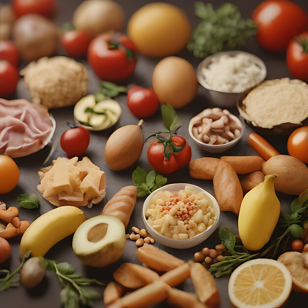 Foto ein tisch voller nahrungsmittel, darunter tomaten, pilze und andere zutaten