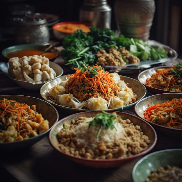 Ein Tisch voller Schüsseln mit Essen, darunter Reis, Gemüse und andere Lebensmittel.