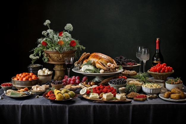 Ein Tisch voller Speisen, darunter ein Truthahn, Trauben und andere Speisen.