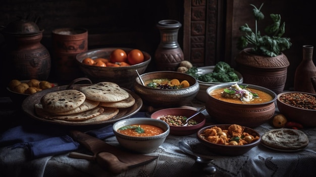 Ein Tisch voller Speisen, darunter eine Vielzahl von Speisen, darunter Naan, Naan und andere Speisen.