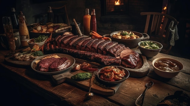 Ein Tisch voller Speisen, darunter Fleisch, Gemüse und ein Feuer im Hintergrund.