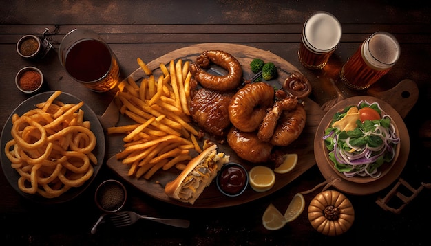 Ein Tisch voller Speisen, darunter Steak, Pommes und Bier.