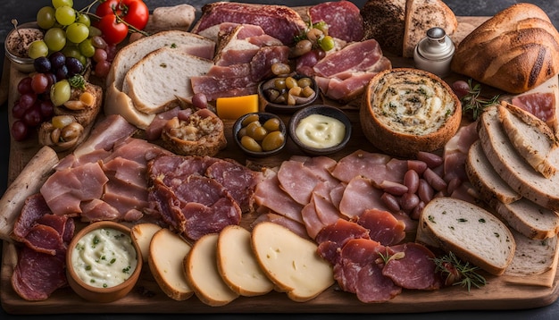 ein Tisch voller verschiedene Arten von Speisen, darunter Fleischkäse und Brot
