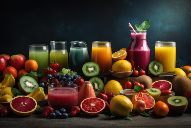 Ein Tisch voller verschiedener Smoothies, darunter Obst, Beeren und andere Früchte.