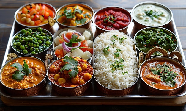 ein Tisch voller verschiedener Speisen, darunter Reis, Reis und Gemüse