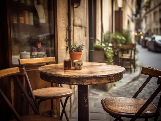 Ein Tisch vor einem Café mit einer Pflanze darauf