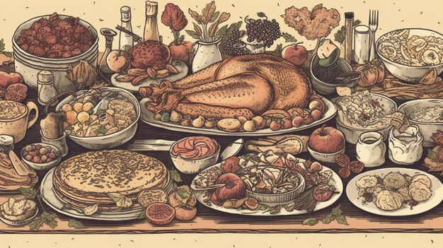 Ein Tisch zum Erntedankfest mit dem Bild eines Truthahns und anderen Speisen.