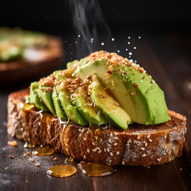 Ein Toast mit Avocado darauf und Sesamsamen oben drauf.