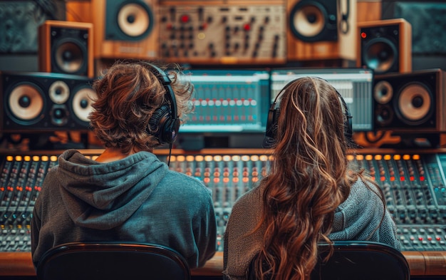 Ein Toningenieur und eine Sängerin sitzen in einem Aufnahmestudio gegenüber einander am Mischpaneel