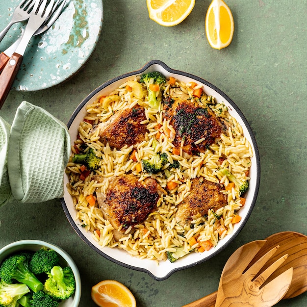 Foto ein topf chicken orzo-pasta im mediterranen stil