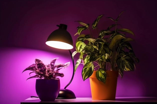 Ein Topf mit einer Pflanze und einer violetten Lampe darüber