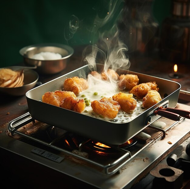 ein Topf mit Essen, auf dem das Wort „kochen“ steht.