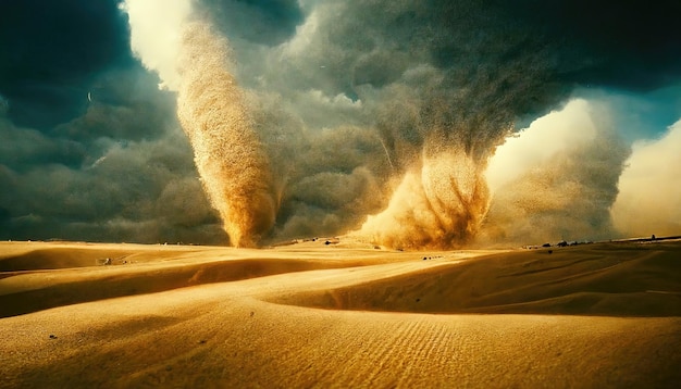 Ein Tornado in der Sandwüste wächst zu einem höhlenartigen Sturm 3D-Rendering