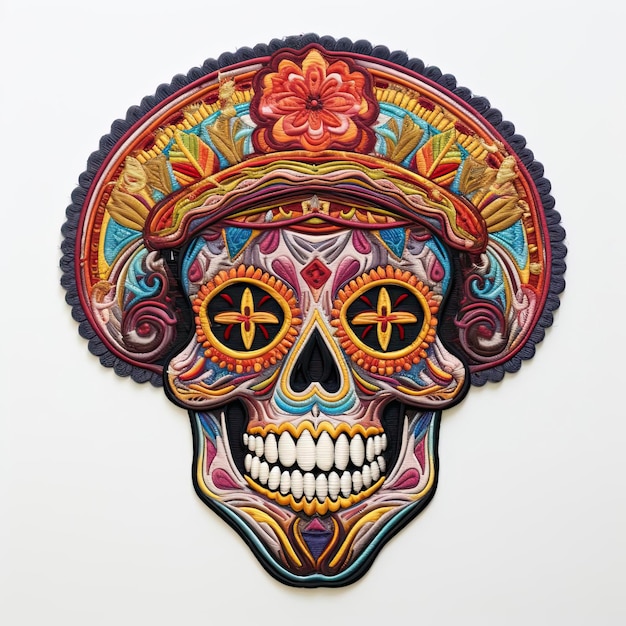 ein Totenkopf in einer Sombrena in mexikanischen Farben im Stil sehr detaillierter Illustrationen