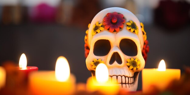 Ein Totenkopf mit Blumen darauf sitzt vor einer Kerze.