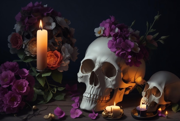 Ein Totenkopf mit Blumen darauf und einer Kerze im Hintergrund