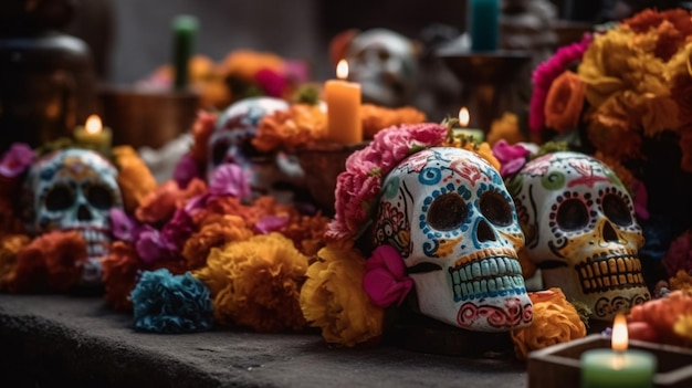 Ein Totenkopf mit Blumen und Kerzen darauf