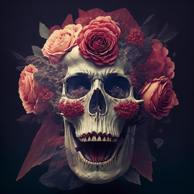 Ein Totenkopf mit Blumen