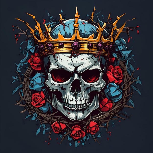 Ein Totenkopf mit Dornenkrone und farbenfrohem Stil für das T-Shirt-Design